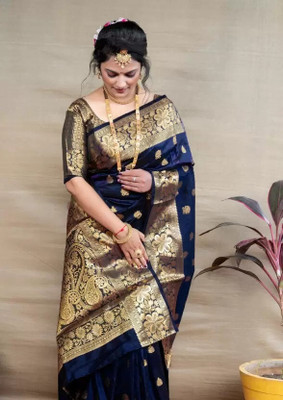 VKARAN Woven Kanjivaram Pure Silk Saree(Dark Blue)