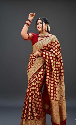 Tilfelle Woven Banarasi Satin Saree(Maroon, Gold)