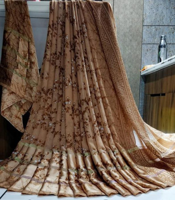 Bombey Velvat Fab Printed, Solid/Plain Leheria Georgette, Silk Blend Saree(Beige)