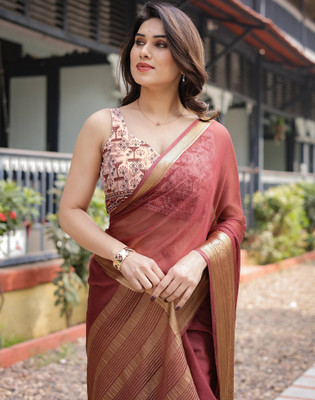 Satrani Woven, Embellished Mangalagiri Chiffon Saree(Brown)