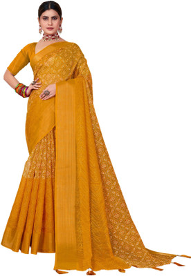Akhilam Embroidered Bandhani Silk Blend Saree(Mustard)