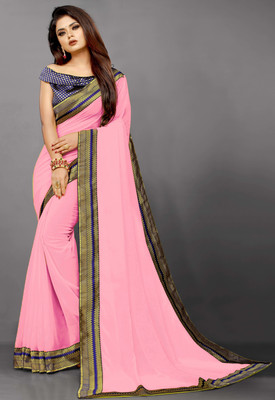 Mandani & Co. Solid/Plain Bollywood Georgette, Chiffon Saree(Pink)