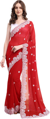 HESVI Floral Print Saree with Attached Blouse Georgette Saree(Red)