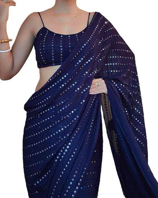 AVINASHI Embroidered Banarasi Georgette Saree(Dark Blue)