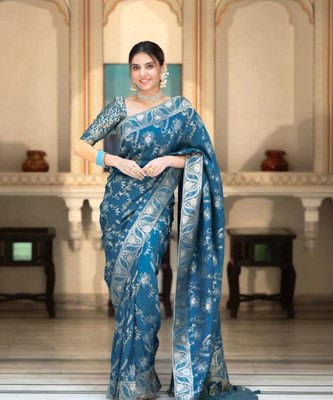 JIADIA Woven, Embellished, Self Design Banarasi Jacquard, Art Silk Saree(Blue)