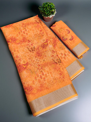 Drujha Digital Print Daily Wear Cotton Linen Saree(Orange)
