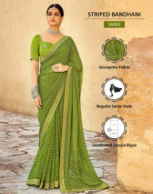 SIRIL Striped, Embellished Bandhani Georgette Saree(Green, Gold)