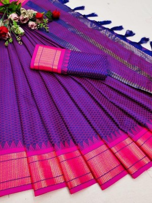 Hensi sarees shop Printed, Color Block, Temple Border, Ombre, Striped, Woven, Polka Print, Solid/Plain, Checkered Pochampally Muslin, Cotton Silk Saree(Purple)