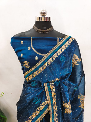 Shreejiimpexx Embroidered Bollywood Jimmy choo Saree(Dark Blue)