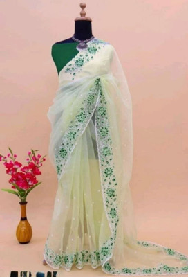 NIYANTAKSH Embroidered Bollywood Net Saree(Yellow)