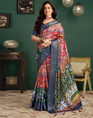 Tasrika Printed, Woven, Embellished Kalamkari Tussar Silk Saree(Multicolor)