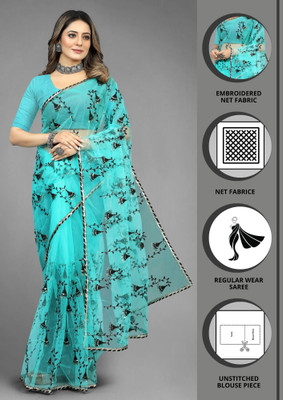 Yashakti Designer Embroidered Bollywood Net Saree(Light Blue)