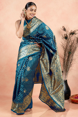 SUBHAM Woven, Embellished Banarasi Silk Blend Saree(Blue, Gold)