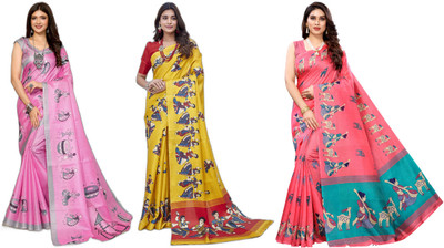 YASHIKA Printed, Woven Mysore Art Silk Saree(Pack of 3, Pink, Yellow)
