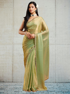 Croza Temple Border Bollywood Raw Silk Saree(Green)