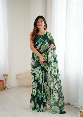 Sindharat Fashion Floral Print Daily Wear Georgette Saree(Green)