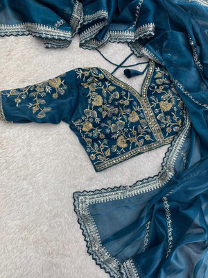 Zeekha Embroidered Saree with Attached Blouse Jimmy choo Saree(Blue)