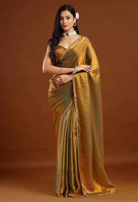 Dream Crushers Solid/Plain Bollywood Tussar Silk Saree(Gold)