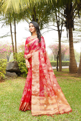HouseOfCommon Printed Bollywood Organza Saree(Red)