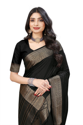 Aarunika fashion Solid/Plain Bollywood Pure Silk Saree(Black)