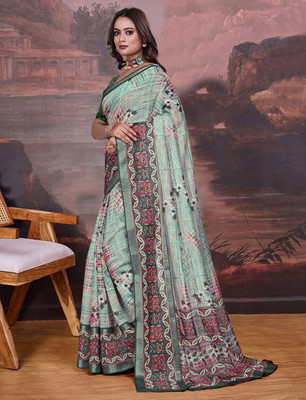 Gajal Printed Daily Wear Pure Cotton, Cotton Linen Saree(Blue)