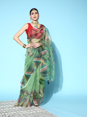 Kimisha Floral Print Bollywood Organza Saree(Green)