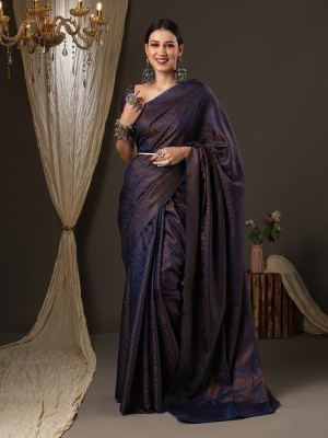 Ratnavati Woven Banarasi Silk Blend Saree(Dark Blue, Gold)