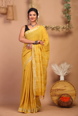 Anuttara Blocked Printed Bhagalpuri Cotton Linen Saree(Yellow)