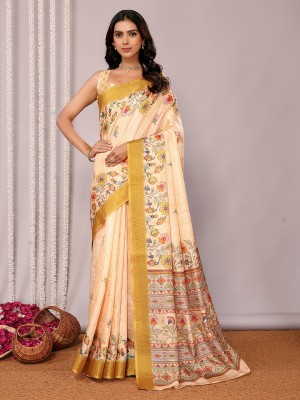 Anekha Floral Print Chanderi Silk Blend Saree(Beige)