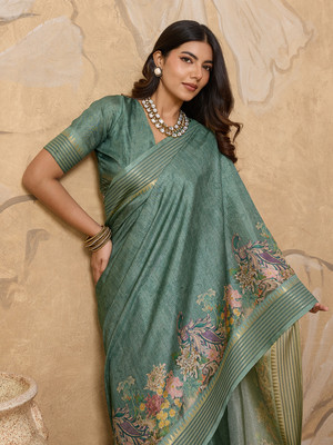 Tasrika Printed, Woven Ikkat Tussar Silk Saree(Green)
