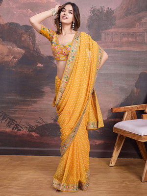 PMD Fashion Embroidered Bandhani Georgette Saree(Yellow)