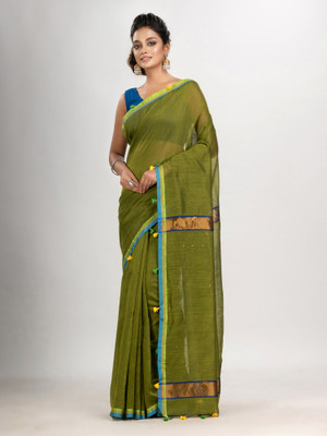 angoshobha Woven Handloom Cotton Blend Saree(Green)