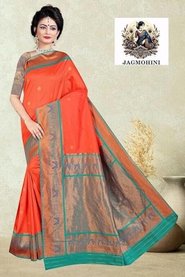 JAGMOHINI Solid/Plain Banarasi Raw Silk Saree(Orange)