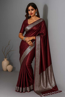 Sijileen Solid/Plain Banarasi Satin, Silk Blend Saree(Maroon)