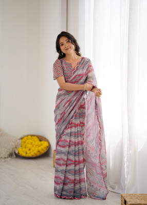 SWORNOF Floral Print Bollywood Georgette Saree(Grey)