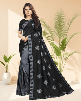 SHOBHTESH Embroidered Madhubani Silk Blend, Net Saree(Black, Grey)
