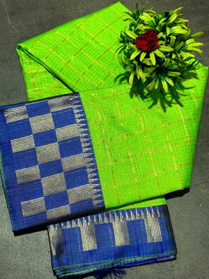 JbWorld Self Design, Woven, Checkered Chettinadu Cotton Silk, Pure Silk Saree(Light Green, Blue)