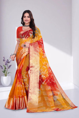 Aarunika SBT Embroidered, Woven Bollywood Organza Saree(Red, Yellow)