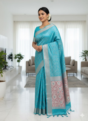 DUDHANE TRADING CORPORATION Self Design, Woven, Floral Print Banarasi Silk Blend Saree(Blue)
