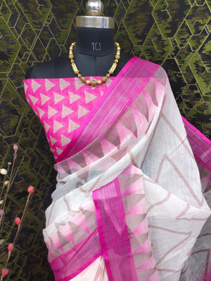 KHANUDI Digital Print Bollywood Handloom Cotton Linen Saree(Multicolor)
