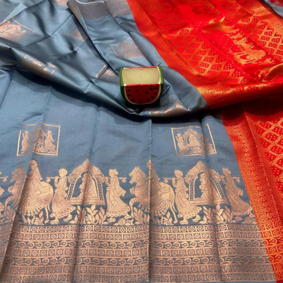 Aika Self Design Banarasi Pure Silk Saree(Grey, Red)