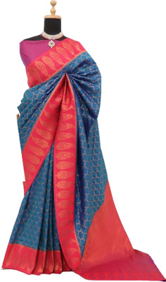 MOON VOGUE Self Design Banarasi Silk Blend Saree(Blue)