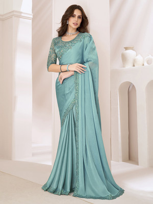 Divastri Embroidered, Solid/Plain Bollywood Georgette Saree(Light Blue)