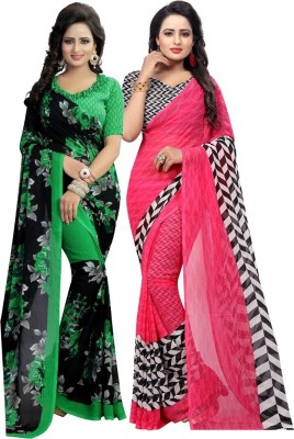 ANIRAV Printed Daily Wear Georgette Saree(Pack of 2, Pink, Black)