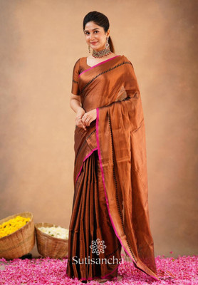 NAMITASAREES Solid/Plain Saree with Attached Blouse Tissue Saree(Brown)