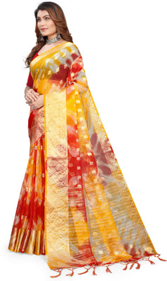 KOTHARI SBT Printed Bandhani Organza Saree(Red, Yellow)
