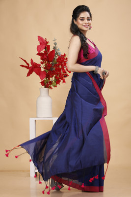 GOLU Solid/Plain Handloom Pure Cotton Saree(Dark Blue)