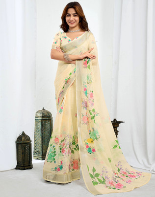 SIRIL Digital Print, Floral Print, Embellished Bollywood Linen Saree(Multicolor, Beige)