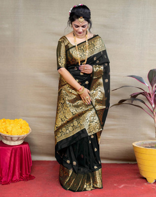 SIRIL Self Design, Woven Banarasi Silk Blend Saree(Pack of 2, Black, Gold)