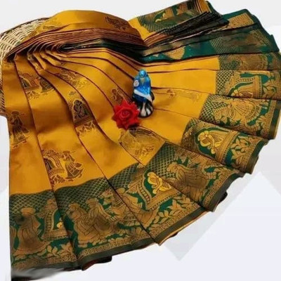 KanjiQueen Woven Kanjivaram Silk Blend, Pure Silk Saree(Gold, Green)